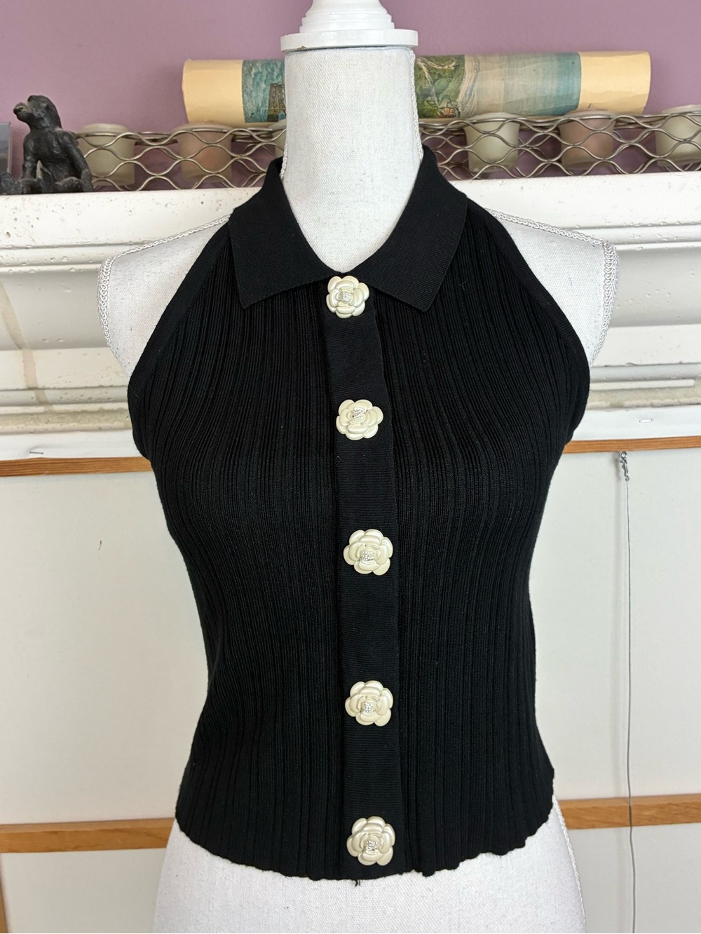 Black Ribbed Halter Polo Tank with detailed camellia ornamental Buttons